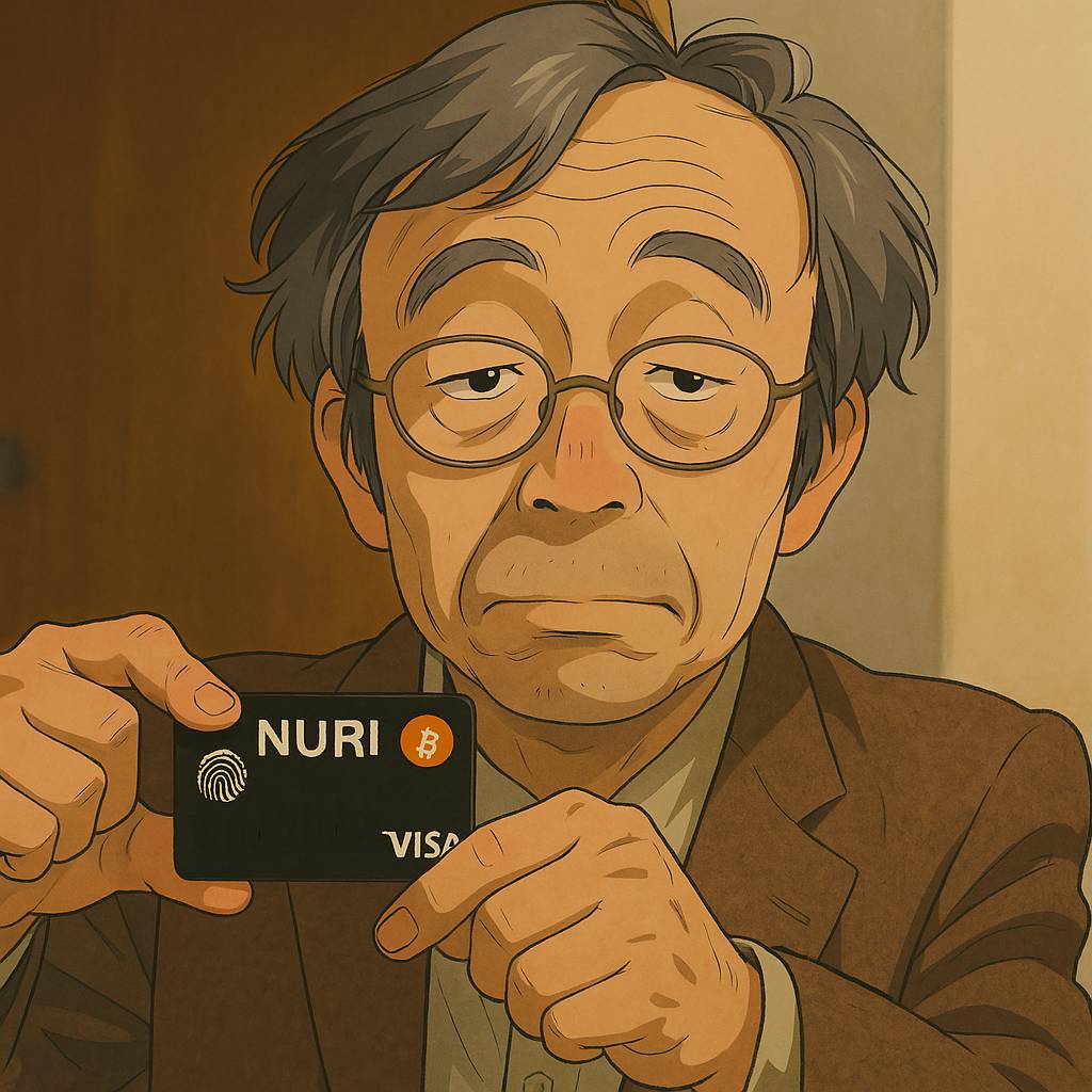 Satoshi Nakamoto holding a Nuri Visa card
